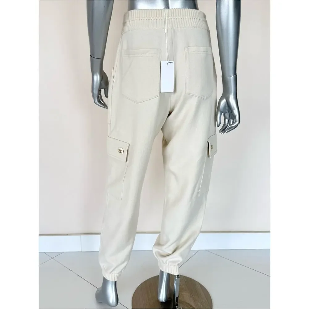 NEW!!! CHANEL cream cashmere 20B CARGO TRACK SWEAT Pants 38 FR or 6 US